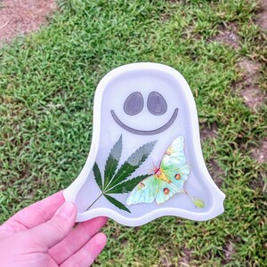 Marijuana Leaf and Luna Moth Smiling Ghost Trinket Tray
