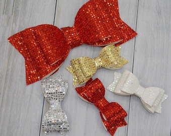 Large or Small Double Stacked Glitter Bow, Red, White Sparkle Red, glitter hair bow, girls hair bow, birthday bows ,Valentine Day Bows