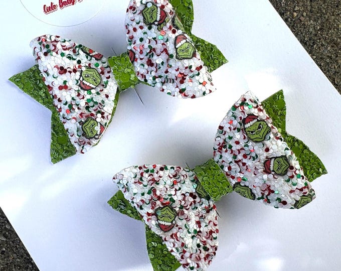 Grinch Christmas Pigtail Bows: Glitter Canvas Alligator Clip Hair Bow
