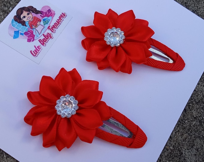 Handmade Flower Hair Clips: Set of 2 Fabric Snap Clips