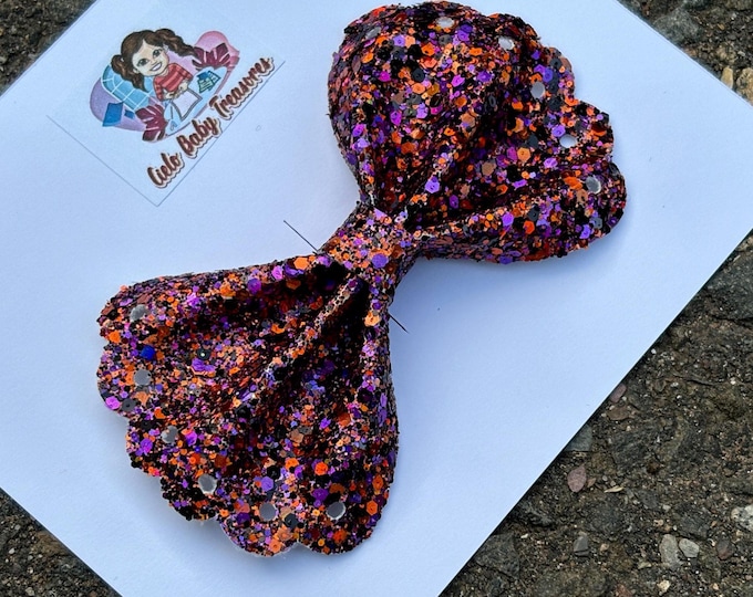 Glitter Hair Bows-Halloween Purple and Orange-Double Stacked-Glitter Pigtail Hair Bows