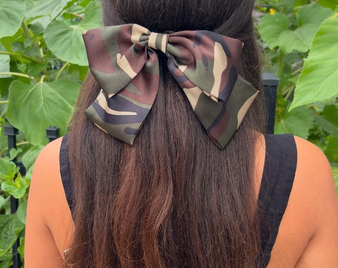 Satin Extra Oversize Hair Bows Army-Cute Women Bows-Military Happy Wife  Giant Bow-Coquette Pattern-Proud Ponytail Holder-Viral Tail Gift