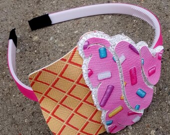 Plastic Pink Headband Ice Cream Cone Sprinkles/Waffle Cone Bow/Summer Bows/Toddler Gift/birthday bow/birthday present/Summer Hair Bow girl