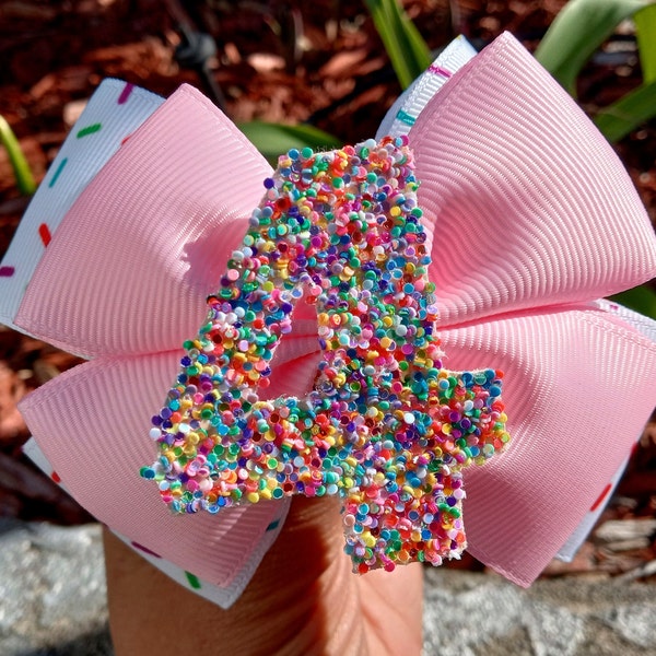 4 Inch Cielobaby's Original Style-Custom Sprinkle birthday hair bow-Donut outfit-Cupcake Ice Cream Party-First Birthday Baby Girl-Rainbow