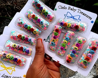 Name Shaker Clip or Headband-Personalized Confetti Holiday-Glitter Sequin-Love-Sparkle-Rainbow Birthday-Bat Halloween-Ghost-Reindeer-pumpkin