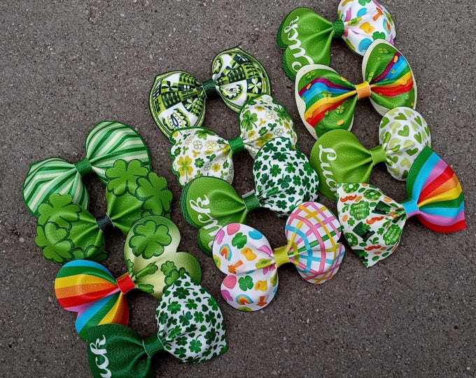 Green Hair Bows-Rainbow-Pennants-Shamrock-St Patrick’s Day-Bow Outfit-Green Hat-Bow-Flowers-Fungus  Bow-Dog lucky charm-Sassy little lassie