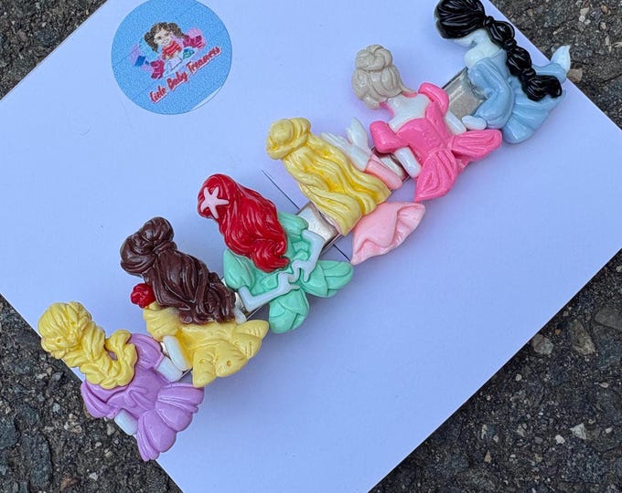 princess from back from Hair Clip-Birthday Toddler-Custom Baby-Party-Girl-Outfit-accessories-Resin Clay Hair-Inspired-Group of Princesses