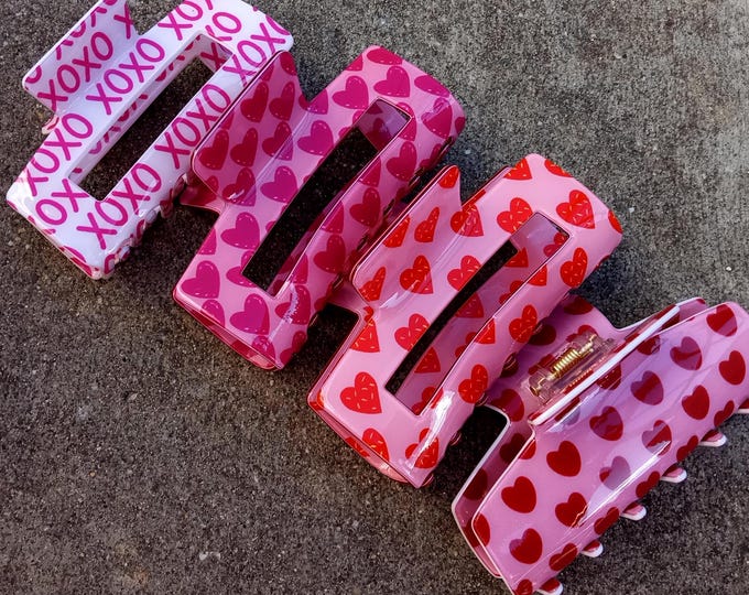 White XOXO Valentine-Acetate-Red Heart Acrylic claw-Hairpin-Hair Clips Love-Pink Plastic-Resin-Accessories-Toddler Clip-Love Big Barrette