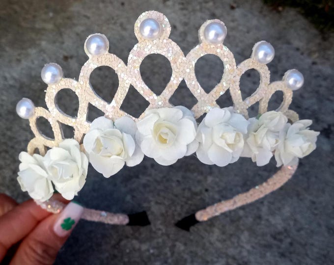 Elegant Crown With Mulberry Paper flowers-First birthday-Glitter headband Beige-Girls Birthday-Princess Garden Party-Tiara With pearls