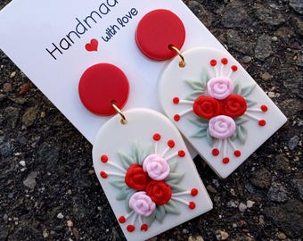 Elegant Flowers Earrings/Handmade Flower Clay Earrings Birthday Gift for Women/Flower Dangle Earrings/Summer-Red,WWhite,Pink