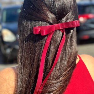 May include: A deep burgundy hair bow made of smooth satin ribbon, featuring a structured horizontal bow shape with two long, trailing ribbon tails that hang down the back of dark brown hair, secured with a hair clip mechanism.