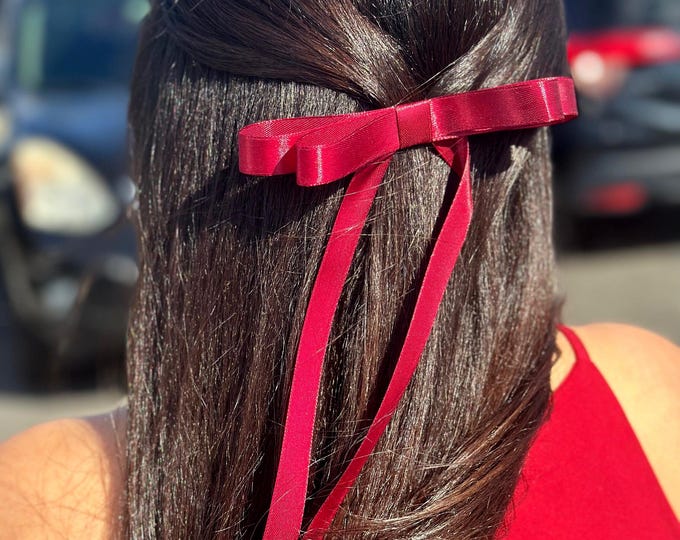 Satin Long Tail Hair Bow: Handmade Alligator Clip Ponytail Holder
