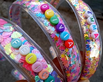Personalized Shaker Snap Clip or Headband-Name Confetti-Sprinkles-Alphabet-Star-Heart-Bunny-Confetti Rainbow Love-St Patriotic-Colorful