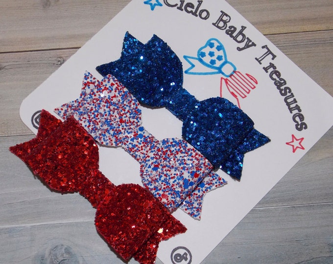Set od 3 Bows Patriotic/July 4th Glitter Bows/Independence Day Nylon headband/Baby Bow 4th of July Patriotic Bow/White And Blue July 4th Bow