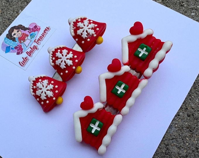 Set of 2 Small Resin Resin Clips-Christmas house-Bells-Christmas Hair Claw-Santa-Gift-Women Girl-Party-Accessories-Acetate-Hairpin