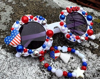 July 4th Heart Bracelet and Flower Sunglass/Kids Mini Hearts/Gift for girl/Toddler/Jewelry/Name kids/Summer Custom/Party Favors/birthday