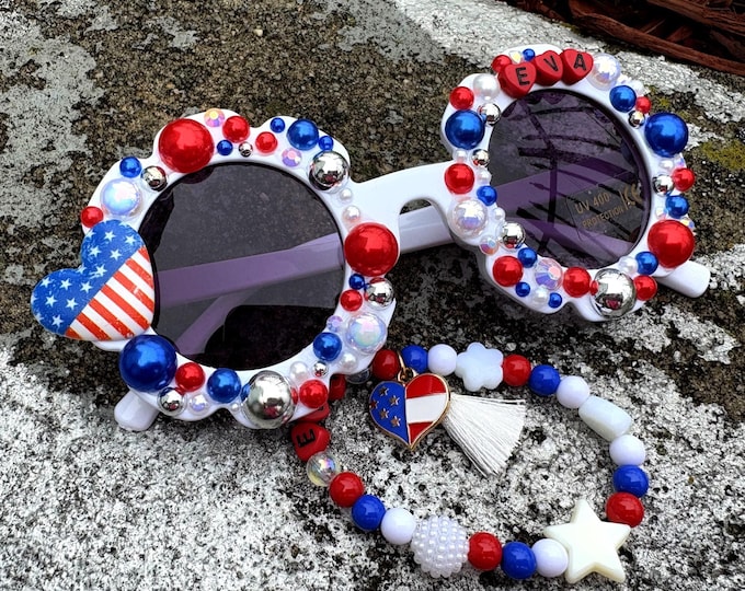July 4th Heart Bracelet and Flower Sunglass/Kids Mini Hearts/Gift for girl/Toddler/Jewelry/Name kids/Summer Custom/Party Favors/birthday