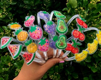 Fruits Headbands/Stars And Fruits Confetti Plastic Headbands/Baby Girls Sparkle Headband/Glitter Sequin Headbands/Plastic Headband Summer