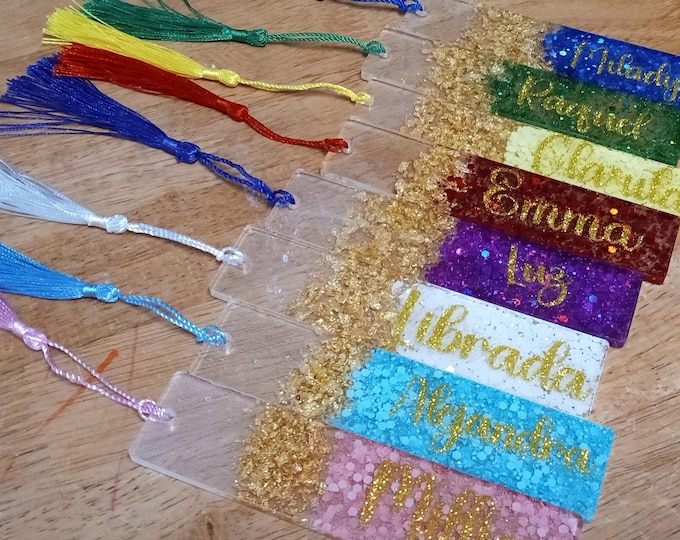 personalized Glitter Resin Pressed Bookmarks Tassels-Unique Hand Pressed-Name Bookmarks-Gifts for Her-Bookmark-Gold or Silver Name