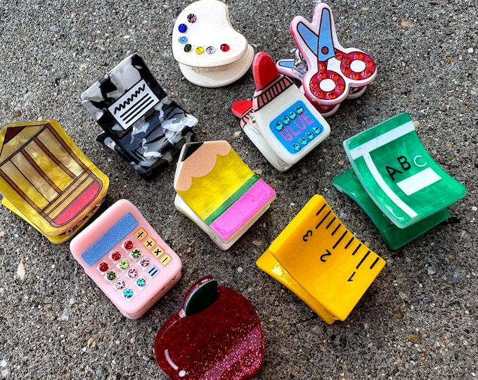 Resin School Hair Clips - Crayon, Pencil, Apple - Set of 2
