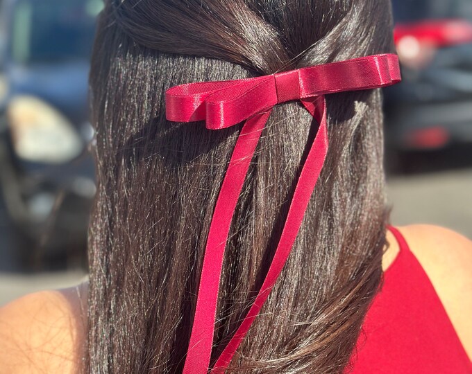 Satin Long Tail Hair Bow: Handmade Alligator Clip Ponytail Holder