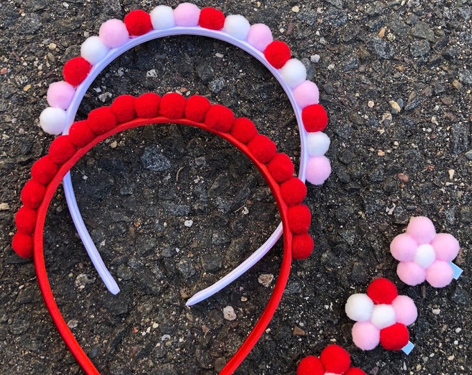 Valentine's Day Pom Pom Headband and Daisy Hair Clip for Girls/Headbands Red,Pink and White/Hair Accessories Headband Parties Summer Girls
