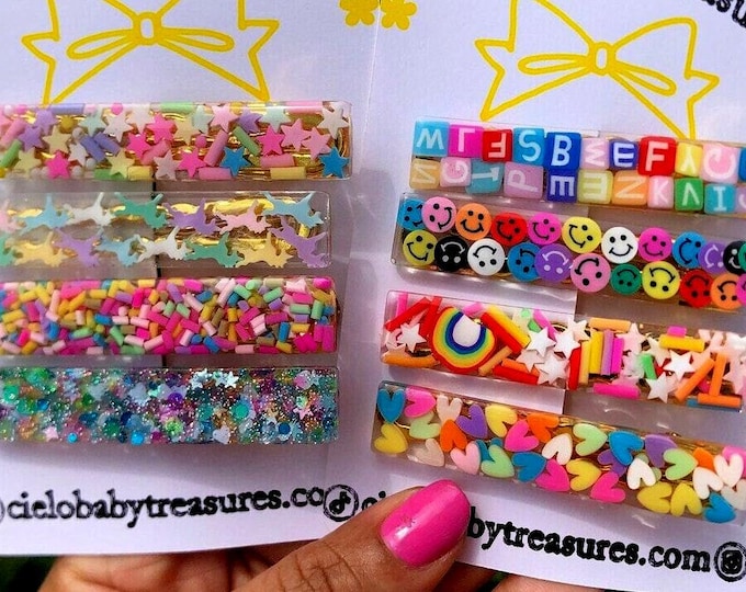 Personalized-Resin Rainbow Sprinkles Hair Accessory-Valentine Day-Name Barrette Stars Party Birthday Clip-Pastel Colors Rainbow-Resin Clip
