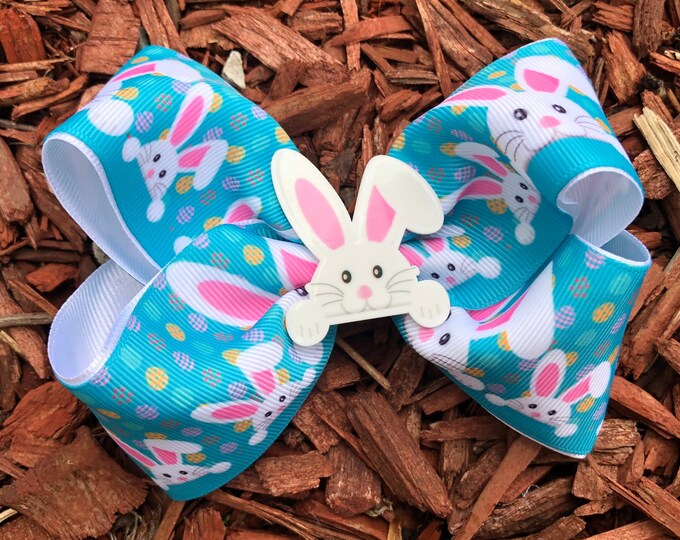 4 Inch Boutique Hair Bow Bunny-Easter Hair Bow For Toddlers-Bunny Grosgrain Ribbon-Girls Blue Big Boutique Hair Bow-Bow Easter Big-