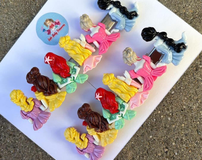 princess from back from Hair Clip-Birthday Toddler-Custom Baby-Party-Girl-Outfit-accessories-Resin Clay Hair-Inspired-Group of Princesses