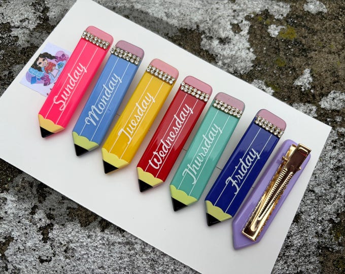 Pencil Hair Clip, Resin Days of the Week Clip, Teacher Gift