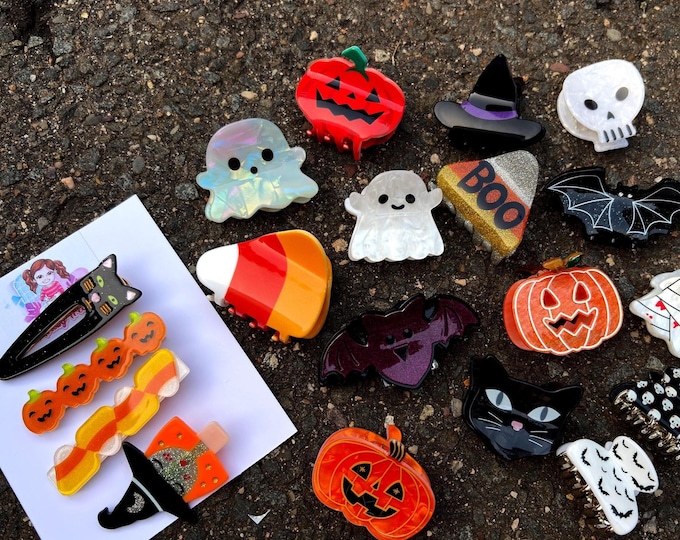 Horror Hairpin Resin Hair Clips-Candy Corn-Black Cat-Pumpkin-Spooky Ghost-Witch hat-Glitter Acetate-Acrylic Clip claw-Bat-Fear-Boo-Plastic