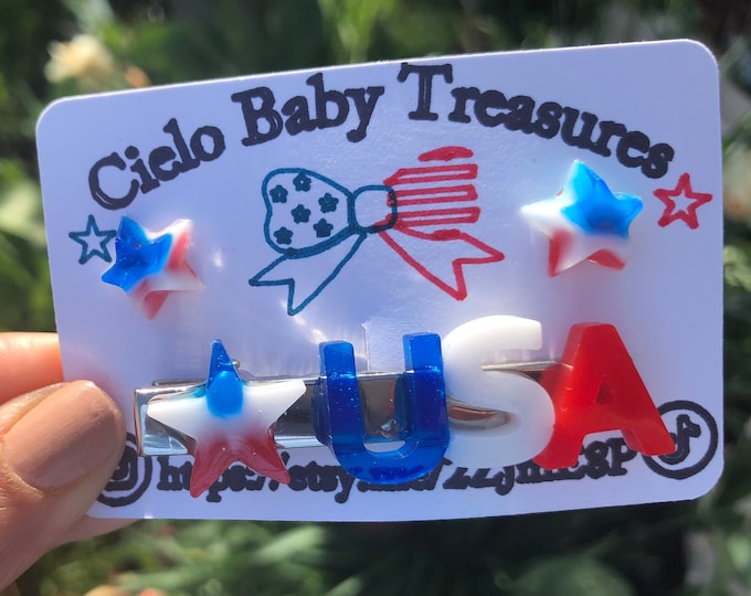 Set of Earrings and Red Barrette,Patriotic Hair Clip,July 4th Barrette,White,Blue and Red,Hair Clip,Resin Stars Barrette.Freebie