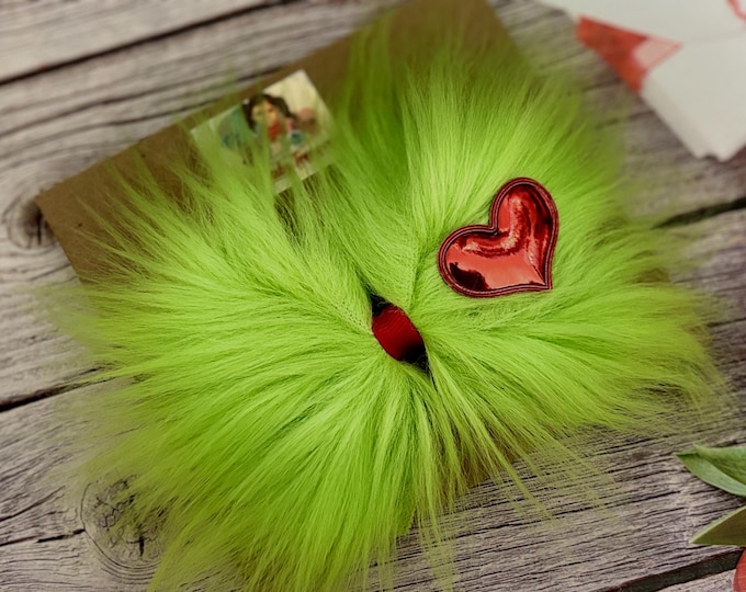 Mr. Grinch Inspired hairbow with Red Heart, Grinchy green fur Christmas Holiday Bows, Whoville Inspired Alligator Clip Hair Bow