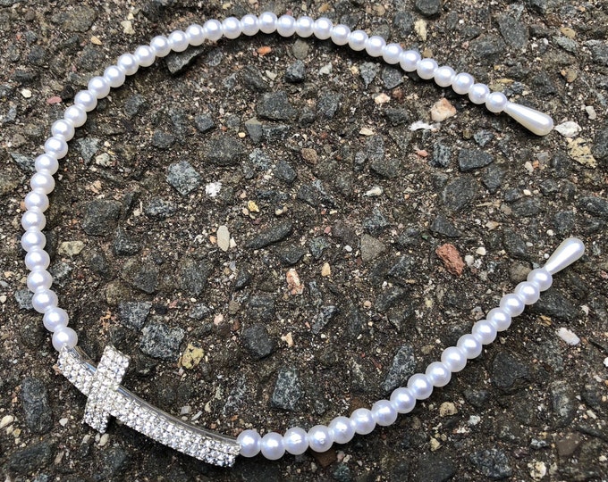 First Communion Pearl Crown with Rhinestone Cross, Baptism Headpiece, Wedding Ceremony Accessory