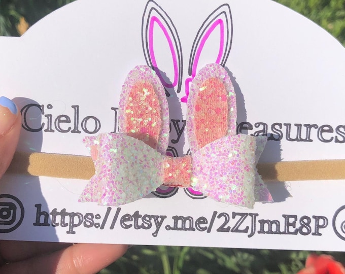 White and Pink,Double Stacked Glitter Bows Sparkle,Bunny Ears bows Girls bows,Crown White Bunny Bows,Easter Glitter Hair Bows