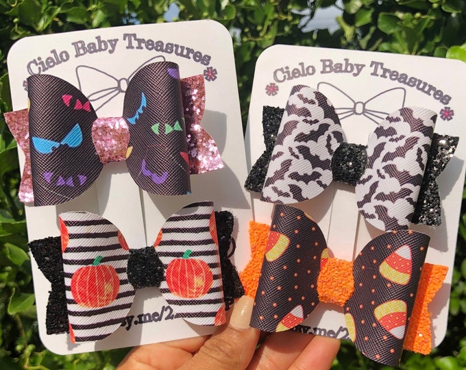 Halloween Hair Clip & Bow Set: Candy, Bats, Pumpkin - Black Sparkle