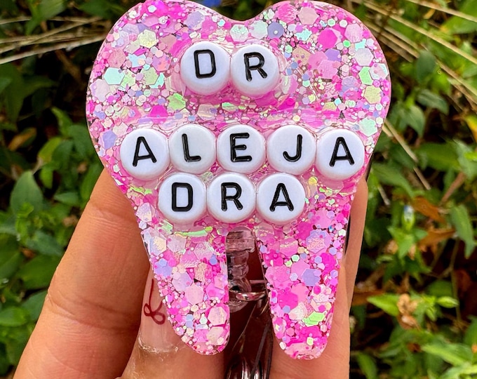 Personalized Sparkle Tooth Badge Reel: Confetti Glitter Dental ID Holder