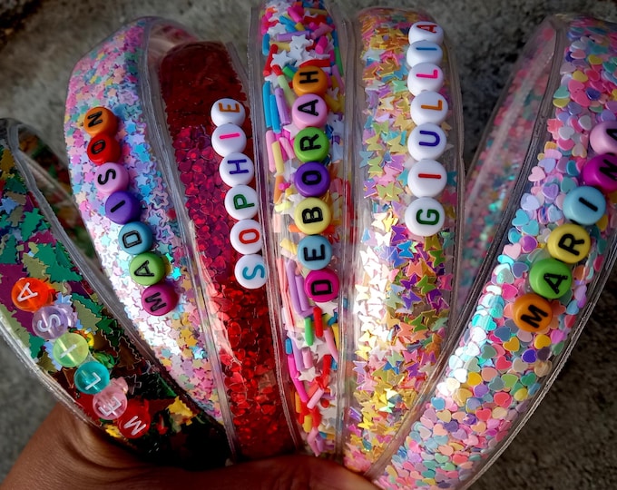 Name Shaker Clip or Headband-Personalized Confetti Holiday-Glitter Sequin-Love-Sparkle-Rainbow Birthday-Bat Halloween-Ghost-Reindeer-pumpkin