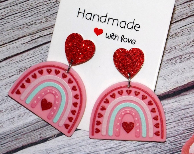 Valentine’s Day Earrings-Rainbow Earrings/Handmade Flower Clay Earrings Birthday Gift for Women/Heart Dangle Earrings/-Red and Pink Earrings