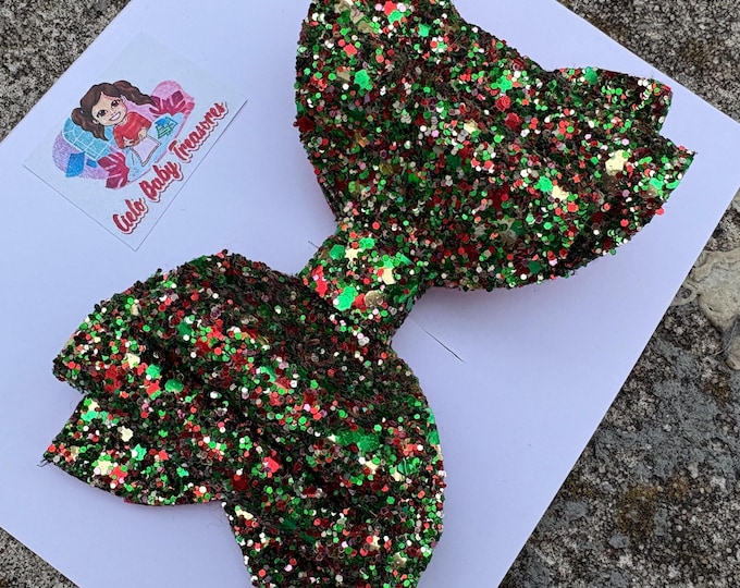 Lazo navideño brillante: doble, rojo y verde, con pinza de cocodrilo