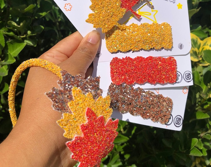 Fall Chunky Glitter Headband-3 Snap Clips or leaves Alligator Clip-Fall Glitter headband-Halloween Girls Accessories-Thanksgiving Hair Clips