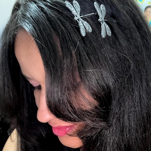 May include: Two silver dragonfly hair clips are placed in dark hair. The dragonfly clips have detailed wing patterns and are positioned near the top of the head. The hair is long and black.