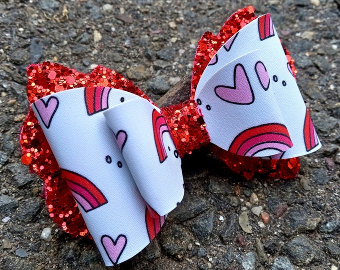 Rainbow of Love-Hearts Valentine's Day Hair Bow- Gift Toddler Baby Girl Birthday-Classic Hair Bow Pink & Red-Stacked Glitter Bow-Pigtail
