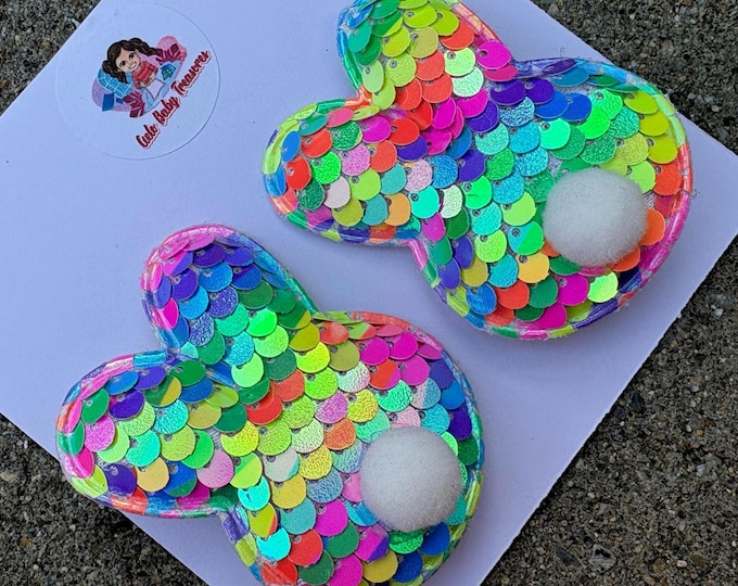 2 Bunny Ears Hair Clips: Rainbow Sequin Toddler Costume Accessories