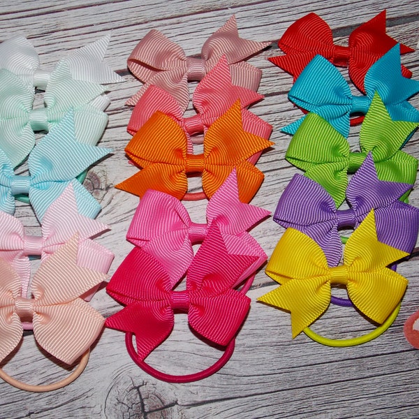 Set of 4 or 10,Mini Hair Bows with  Elastic band or Clip NOT SLIPPERY/Toddler Girls hair bow back to School/Elastic Loop Ponytail Holder bow