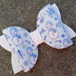 Snowman Christmas-Snowflake Kids Hair Bow-Wonderland-Double Stacked Glitter Bow Sparkle Toddler-White Holiday Bow-Winter-Ices Frozen-Candy