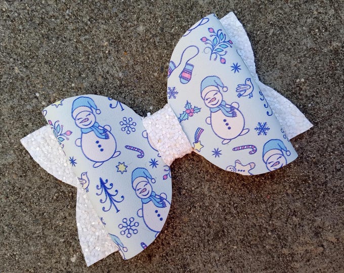 Snowman Christmas-Snowflake Kids Hair Bow-Wonderland-Double Stacked Glitter Bow Sparkle Toddler-White Holiday Bow-Winter-Ices Frozen-Candy