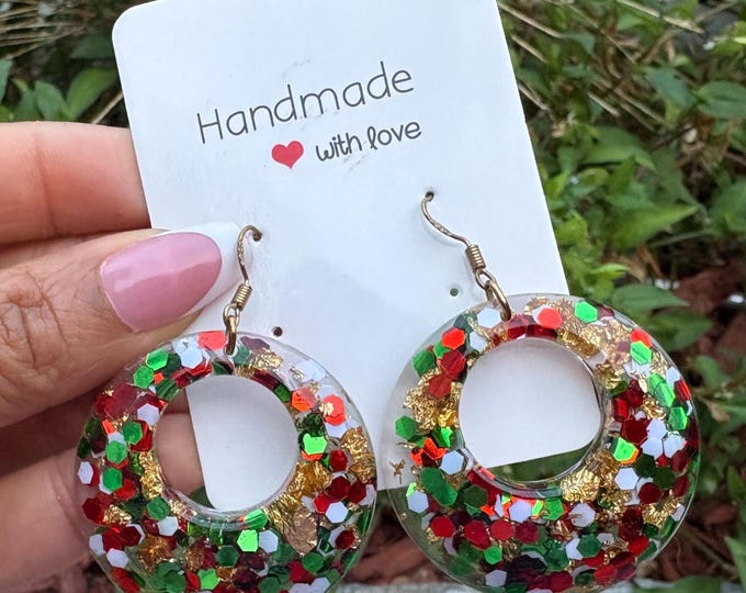 Glitter Christmas Earrings: Red and Green Resin Holiday Jewelry