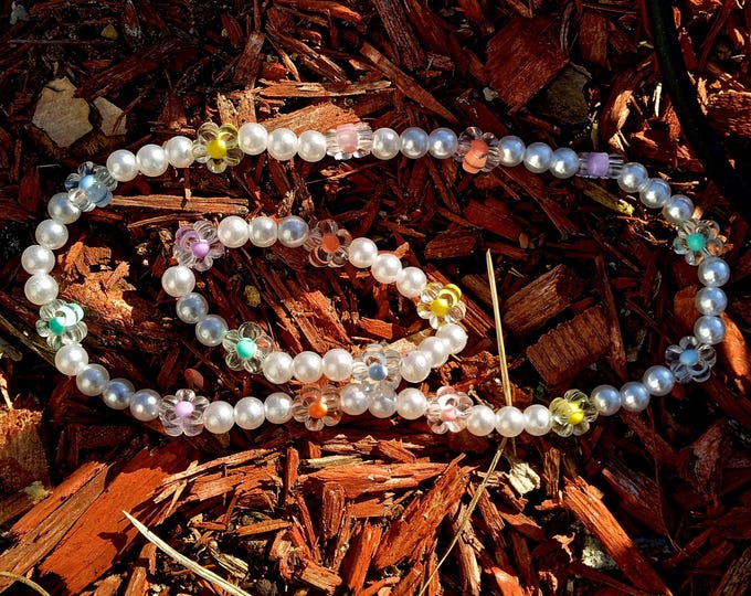 Pearl Flower Necklace Bracelet Set, Personalized Name Jewelry for Girls