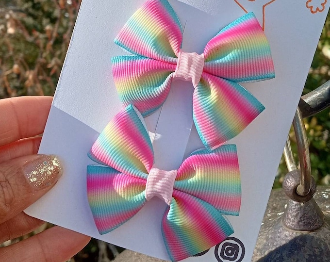 Set of 2 Handmade Pastel Rainbow Hair Bows: Baby Girl Alligator Clips